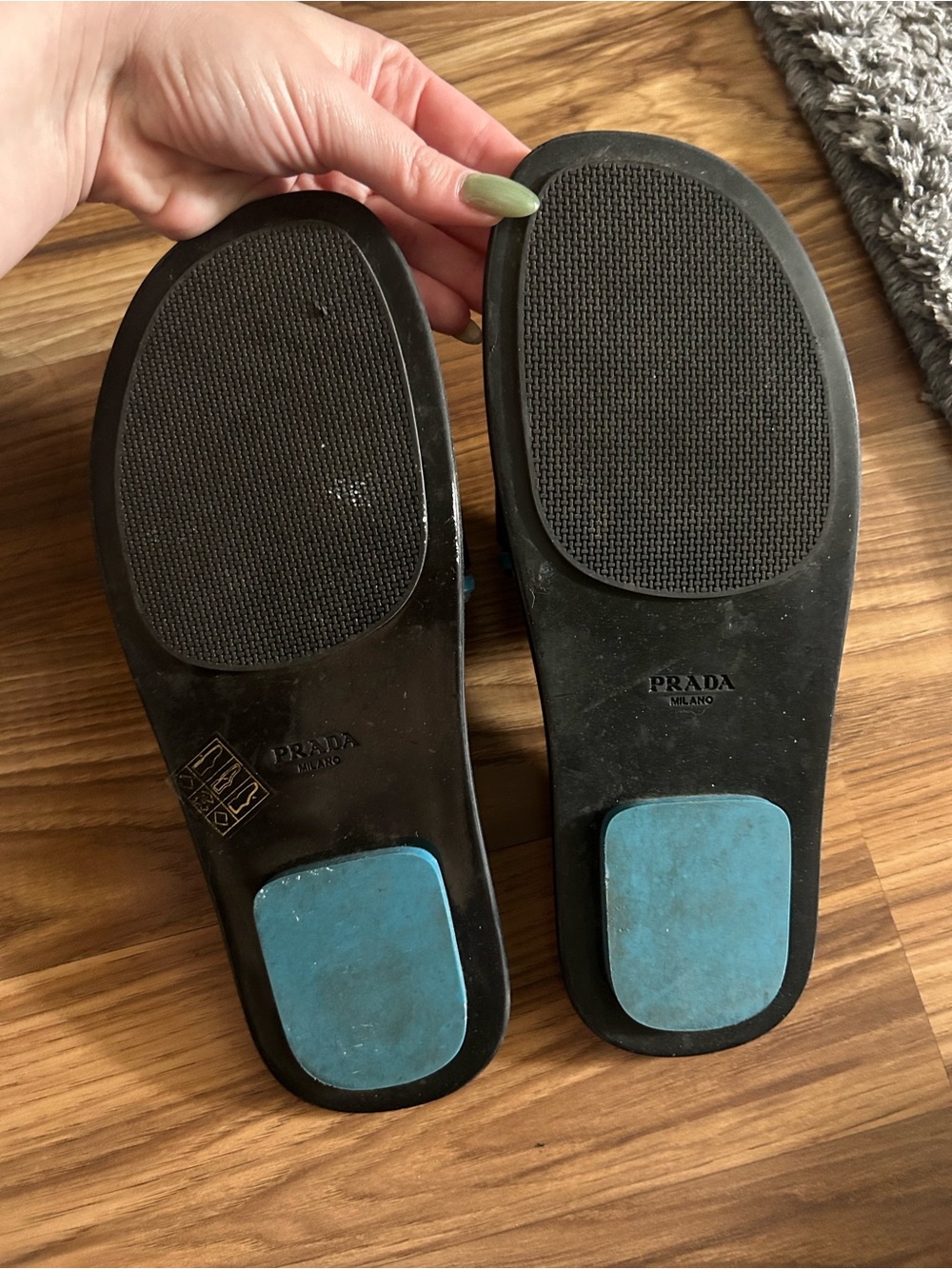 Prada Black Slides with Blue Trim and Navy Accents - Picture 2 of 2